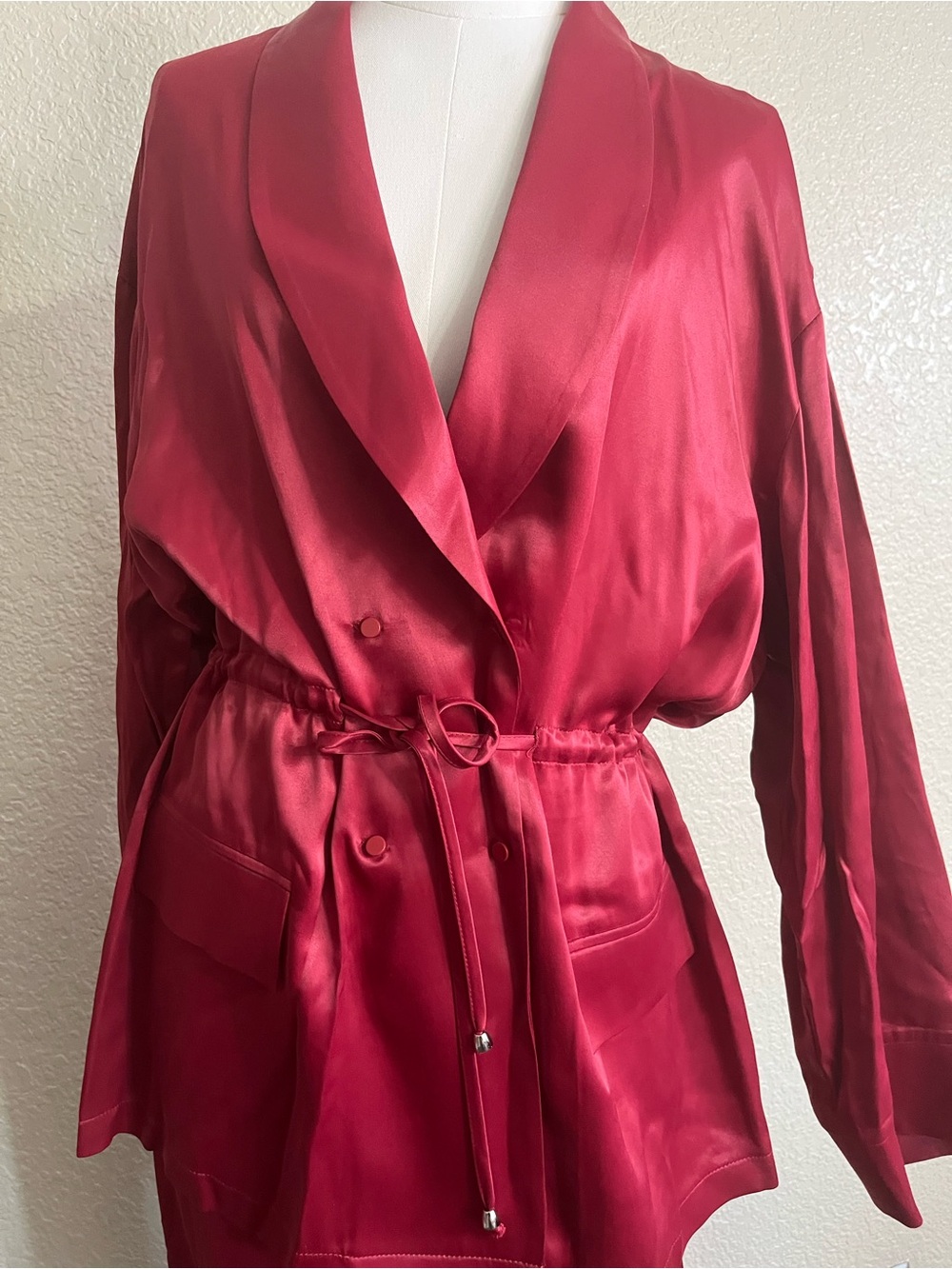 Women's Satin Drawstring Waist Jacket - Burgundy - Picture 5 of 13